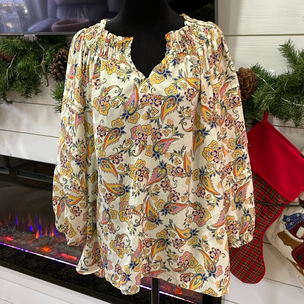 NWT - Rose + Olive Floral and Paisley Balloon Sleeve Blouse